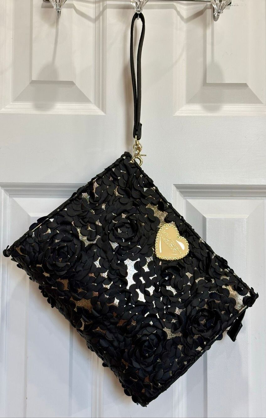 BETSEY JOHNSON - Black Laser-Cut Rosette Clutch/Wristlet in Faux Leather